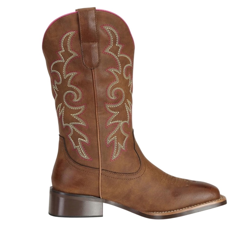 J'S.O.L.E Women's Brown Pink Western Cowboy Boots Square Toe Size 6 Boho Coastal